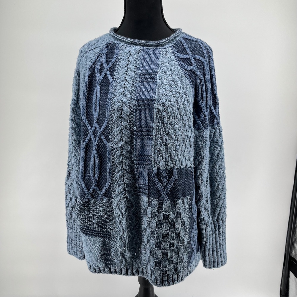 VTG CHAPS Patchwork Cable Knit Eclectic Grandpa Chunky Multi Blue Women's Size L